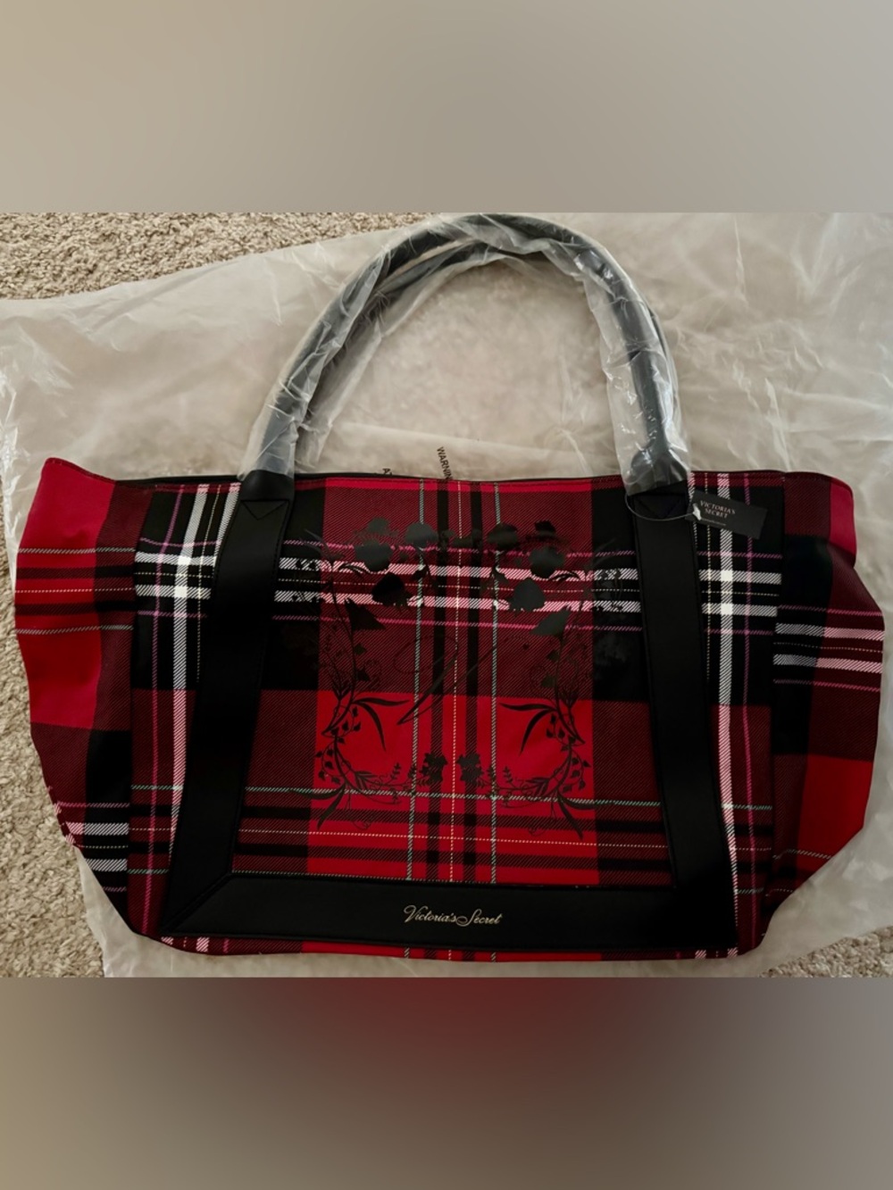 Victoria's Secret Red & Black Plaid Tote with Floral Accents